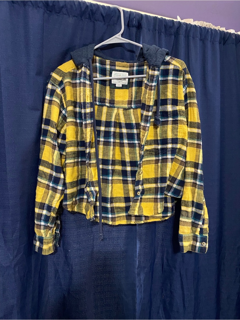 American Eagle Yellow and Navy Plaid Hooded Flannel